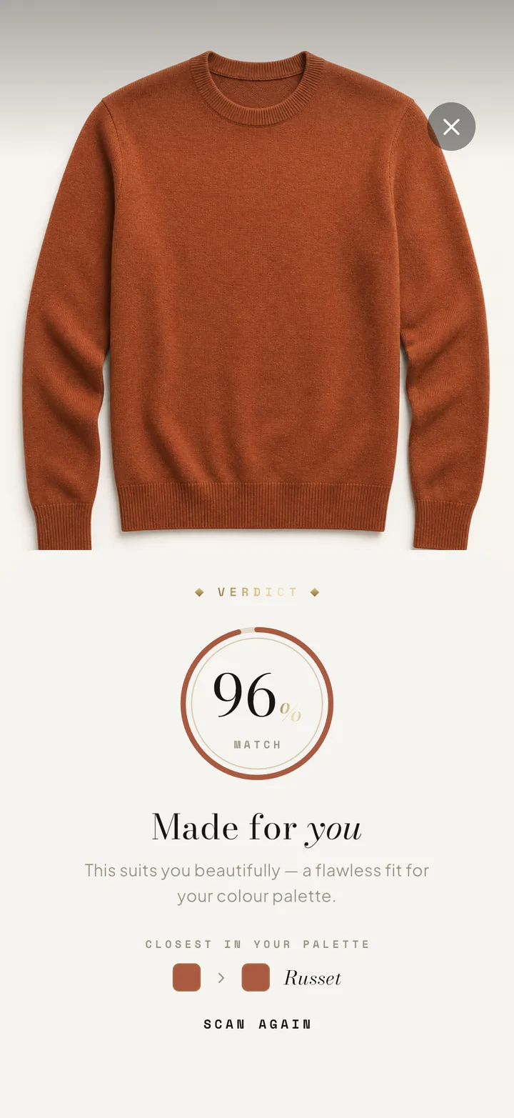 Suited app — scan result: 96% match, made for you